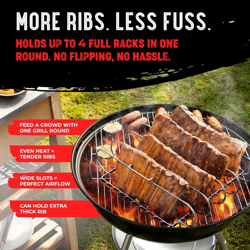 SHIZZO Rib Rack for Smoking & Grilling, Holds up to 4 Full Racks of Ribs, Foldable Design, Fits Large Gas Smoker or Charcoal Grill, Perfect BBQ Accessory, Smoker Accessories, Gifts for Men, Father - Image 2